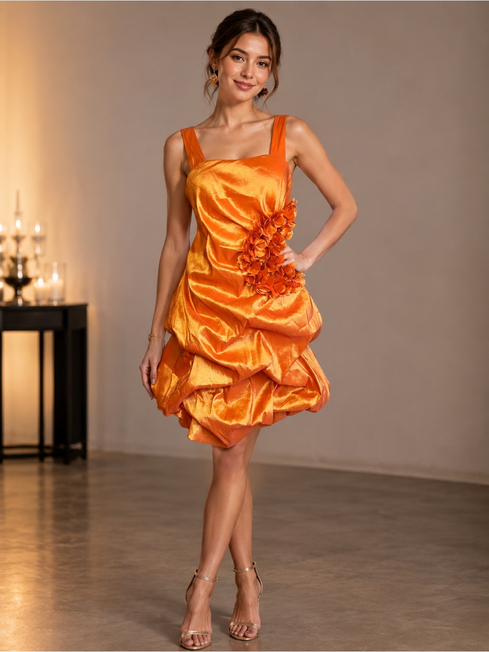 Stacy Adams Bubble Ruffle 3D Floral Appliqué Sunset Orange Cocktail Dress size